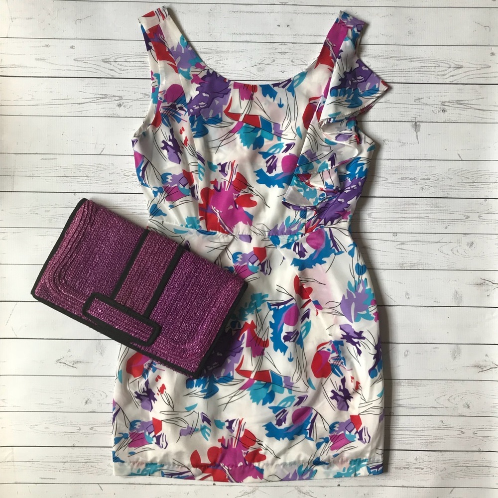 Orion London 80s print white mini dress w/ruffle
